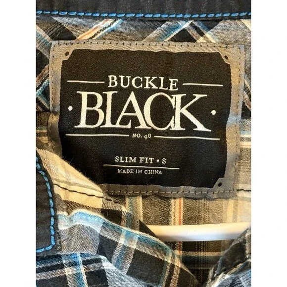 Buckle Black Men’s Shirt Small Slim Fit Snaps Plaid Black White Blue Long Sleeve - Picture 3 of 6